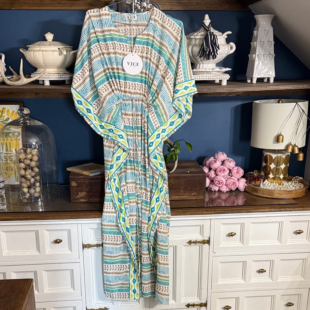 Teal & Tan Patterned Caftan Dress